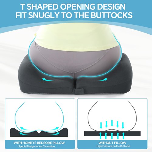 HOMBYS Gel Seat Cushion Bed Sore Cushions for Butt, Memory Foam Bedsore Pressure Relief Pillow for Tailbone Pain, T Shaped Opening Hemorrhoid Pillow for Sitting, Sleeping (Gray)