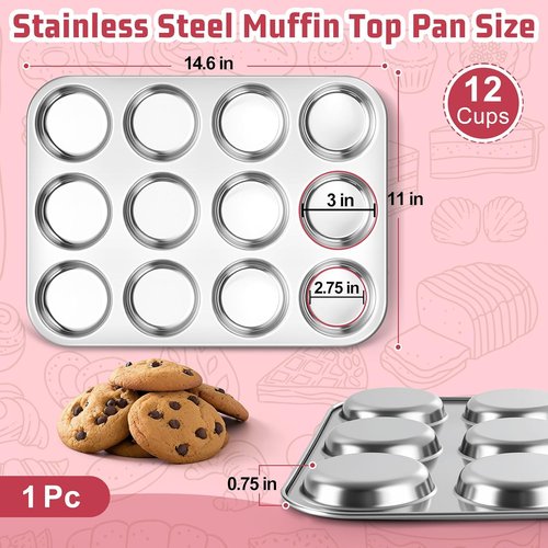 E-far Stainless Steel Muffin Top Pan - 12-Cavity Non-Toxic Bakeware for Yorkshire Pudding & More
