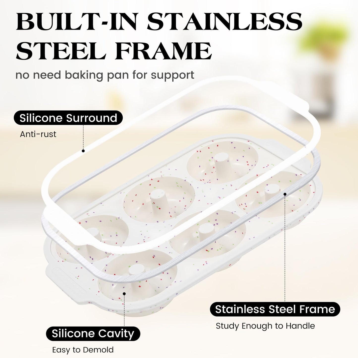 KASHME 2 Pcs Silicone Donut Pan for Baking with Metal Reinforced Frame Nonstick 6 Cavity Donut Molds Doughnut Tray 3.25 Inch Large Bagel Molds(Cream)
