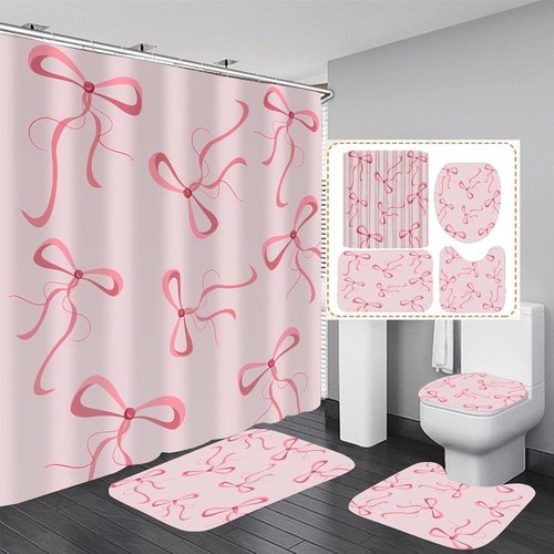 AZHM Pink Bow Shower Curtain Set - Cute Aesthetic Bathroom Decor with 12 Hooks & Accessories