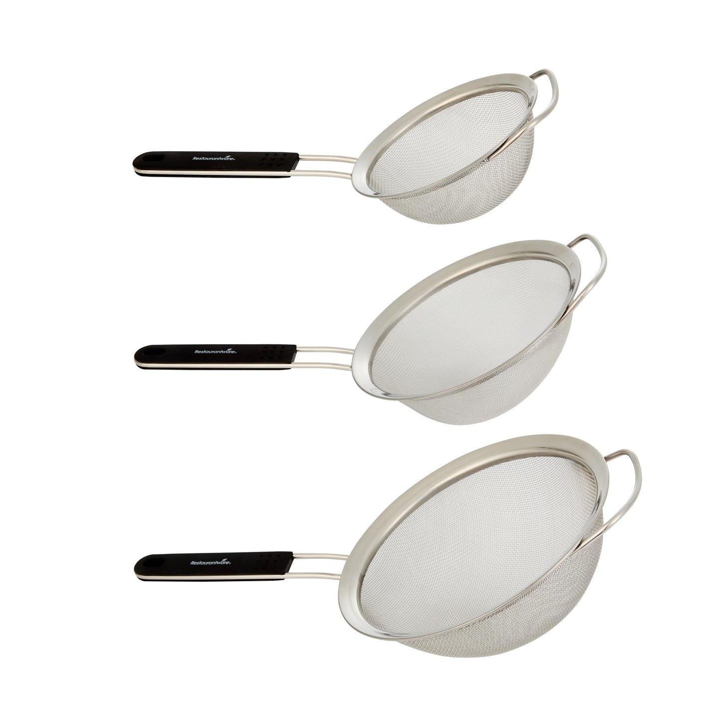 Restaurantware Fine Mesh Strainer Set of 3 Different Sizes with Silicone Handle Stainless Steel Extra Fine Mesh Strainer Heat-Resistant Handle Dishwasher-Safe for Rice, Quinoa, Pasta