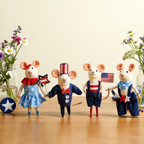 Hahafelt 4 Pcs 4th of July Felt Mice Ornaments - Cute Patriotic Wool Mouse Set for Memorial Day Decor | 3.94 Inch