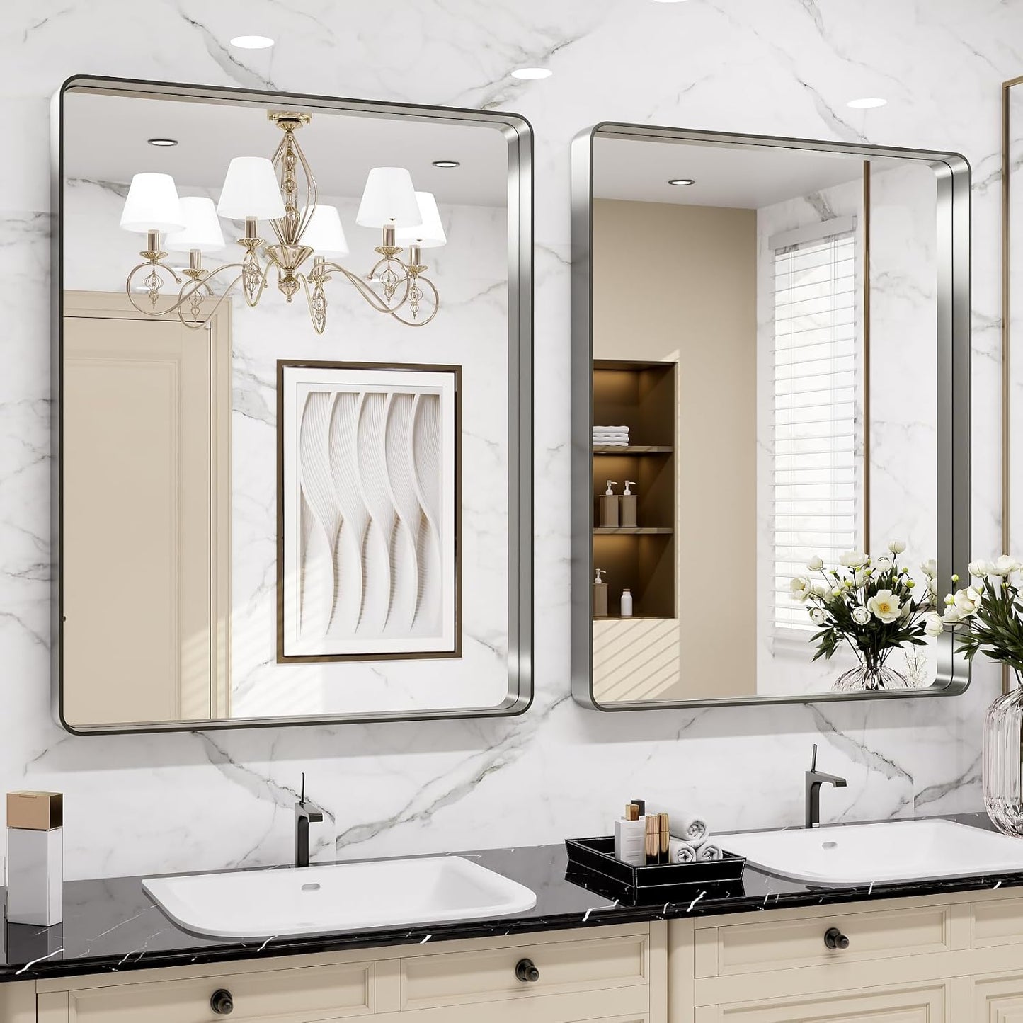 LOAAO Brushed Nickel Bathroom Mirror - 28X36 Inch Rounded Rectangle Design, Anti-Rust & Shatterproof