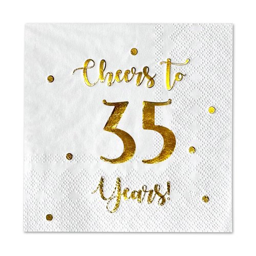 Cheers to 35 Years Cocktail Napkins | Happy 35th Birthday Decorations for Men and Women and Wedding Anniversary Party Decorations | 50-Pack 3-Ply Napkins | 5 x 5 inch folded (White)