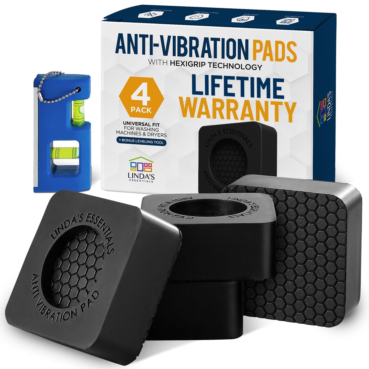 Anti Vibration Pads for Washing Machine and Dryer (Set of 4) - Washer Anti Vibration Pads with HexiGrip™ - Washing Machine Accessories & Leveling Pads - Vibration Dampening Mat