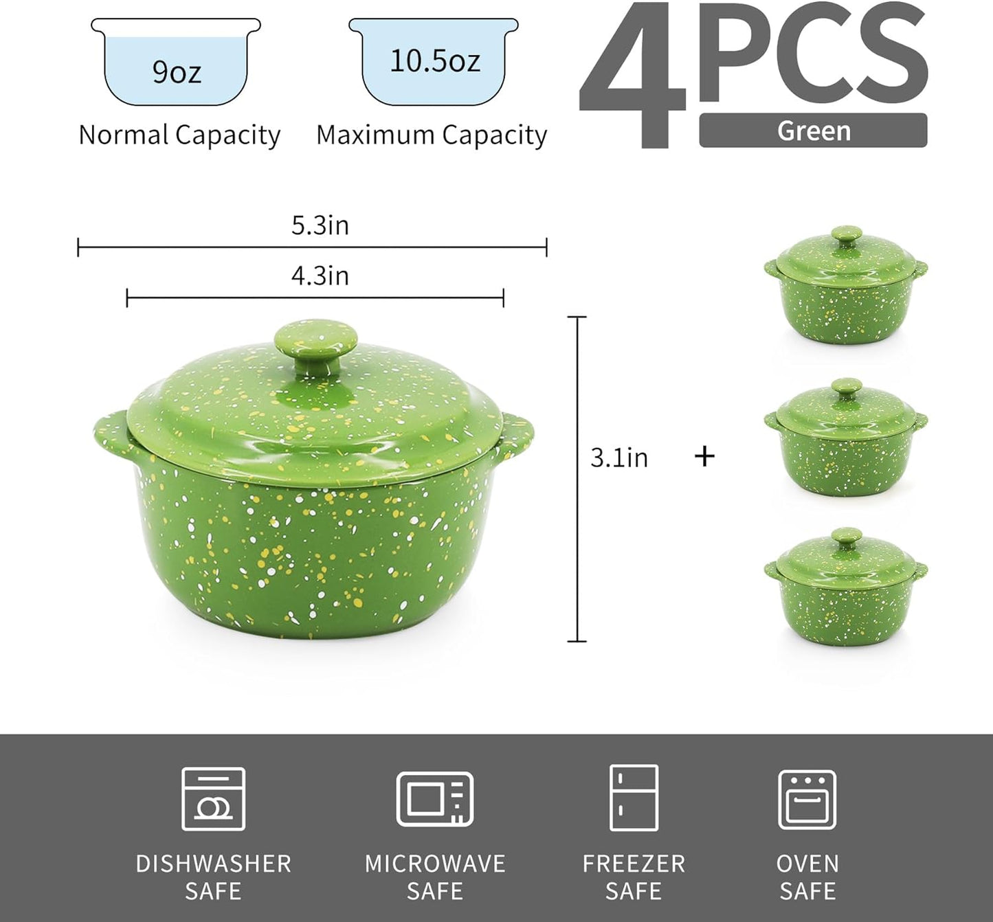 Skiennix Mini Ceramic Casserole Dishes - Oven-Safe 10 Oz Ramekins with Lids & Handles | Perfect for Soufflé, Soup, Cobbler, Green 4-Pack