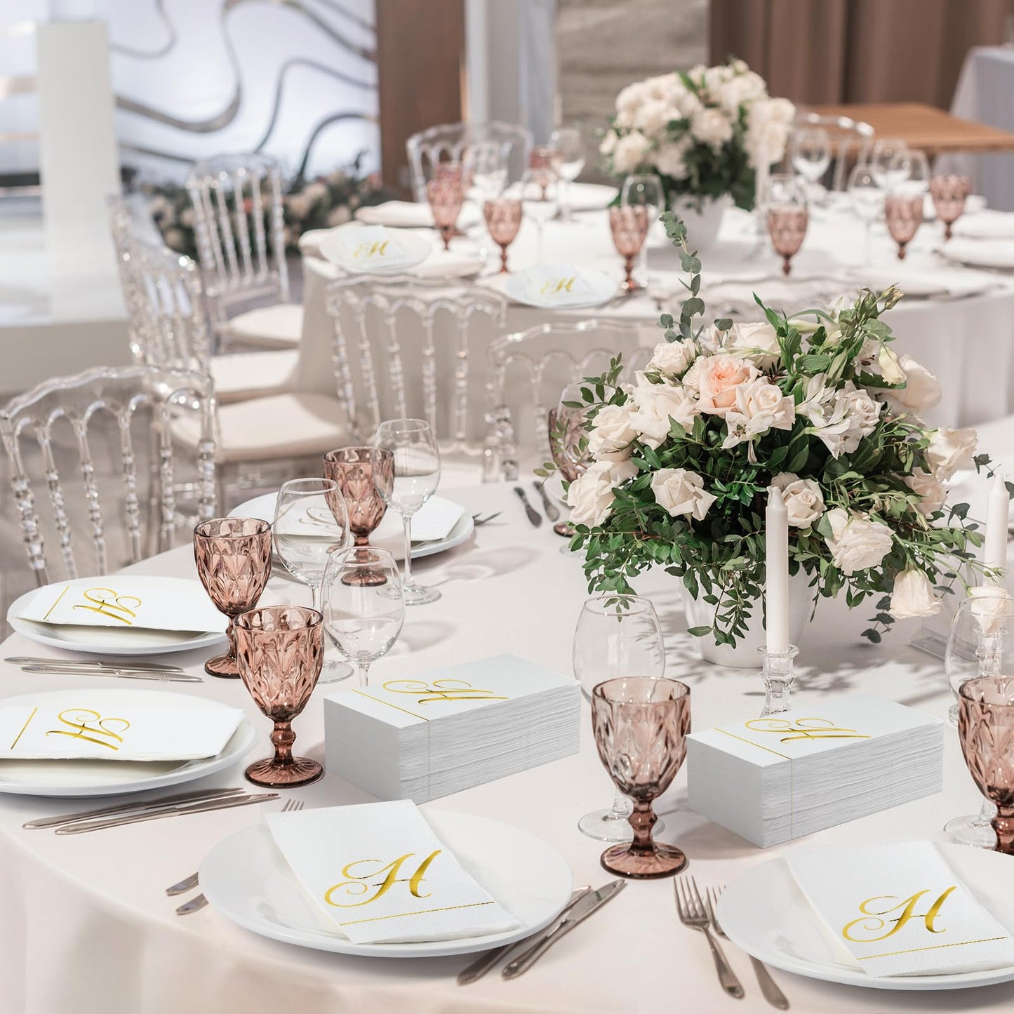 Pasimy 200 Pcs Initial Napkins Monogram Guest Napkins Gold Letter Paper Towels Disposable Elegant Dinner Towels for Wedding Bridal Shower Holiday Birthday Party Tableware Decor(H Letter)