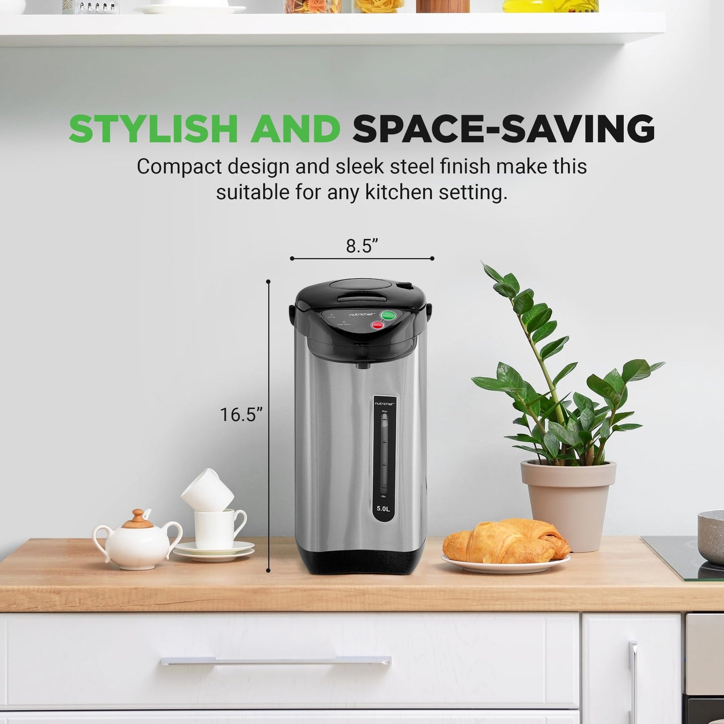 NutriChef 5.2 Qt Electric Water Kettle, Portable, Quick Heating, 5 Liter Digital Kettle with 5 Temperature Settings, Safety Lock, Stainless Steel, 3 Dispensing Options, 8.46" x 11.2" x 16.5"