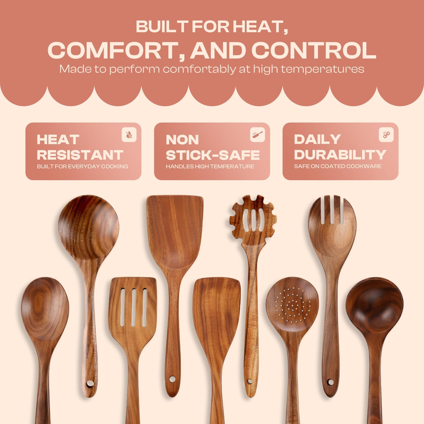 Sizle Masters 9-Piece Wooden Spoons for Cooking – Premium Teak Wood Utensil Set – Ergonomic Comfort-Grip Wood Tools Non-Stick Cookware Safe Easy to Clean Heat Resistant