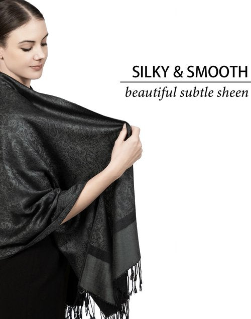 Achillea Women's Two Tone Vintage Jacquard Paisley Pashmina Shawl Wrap Scarf (Charcoal Gray)