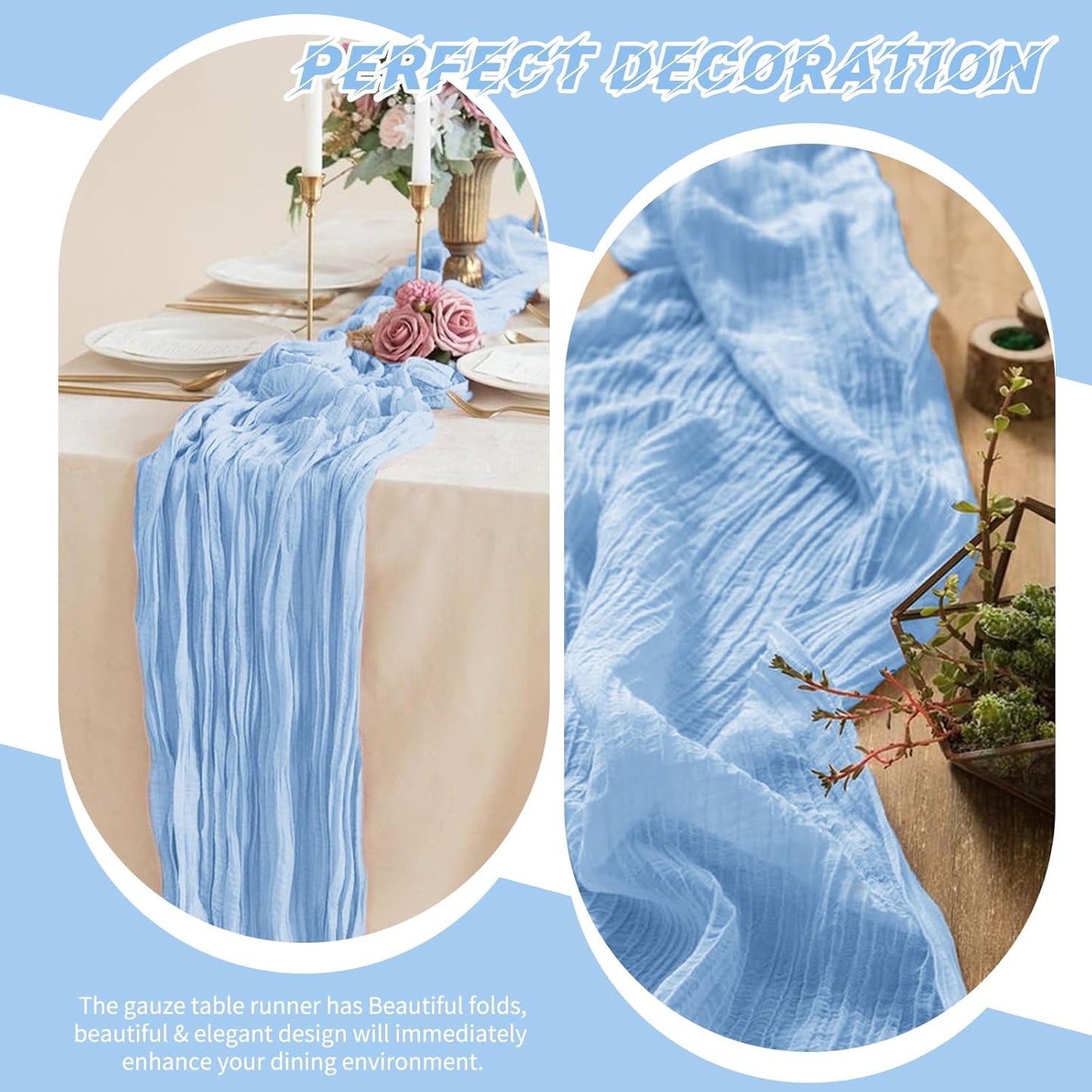 Skiennix Light Blue Cheesecloth Table Runner - 17x108 Inch Boho Style for Weddings & Events