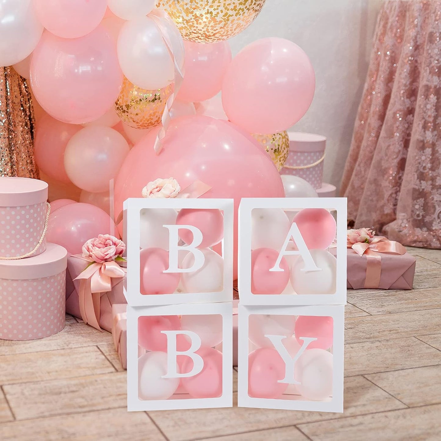 Skiennix Baby Boxes with Letters - Clear Gender Reveal Decorations | 4 Transparent Balloon Boxes