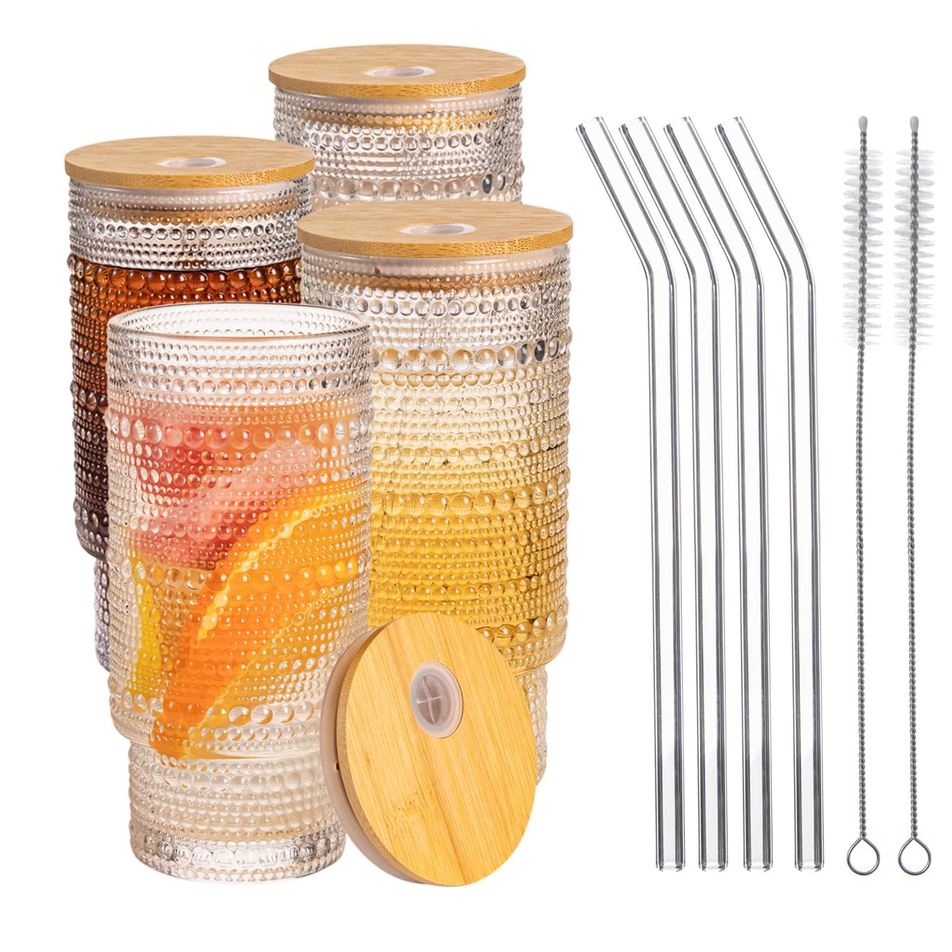 MRZIKPO Drinking Glasses with Bamboo Lids and Glass Straw 4pcs Set,16oz Glass Tumbler Cups,Water Glasses,Iced Coffee Glasses,iced Tea Glasses,Beer Glasses,Ideal for Whiskey,2 Brushes
