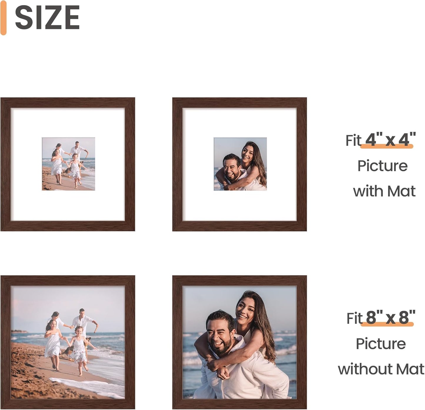 Upsimples 8x8 Picture Frame - Versatile Display for 4x4 or 8x8 Photos | Stylish Brown, 1 Pack