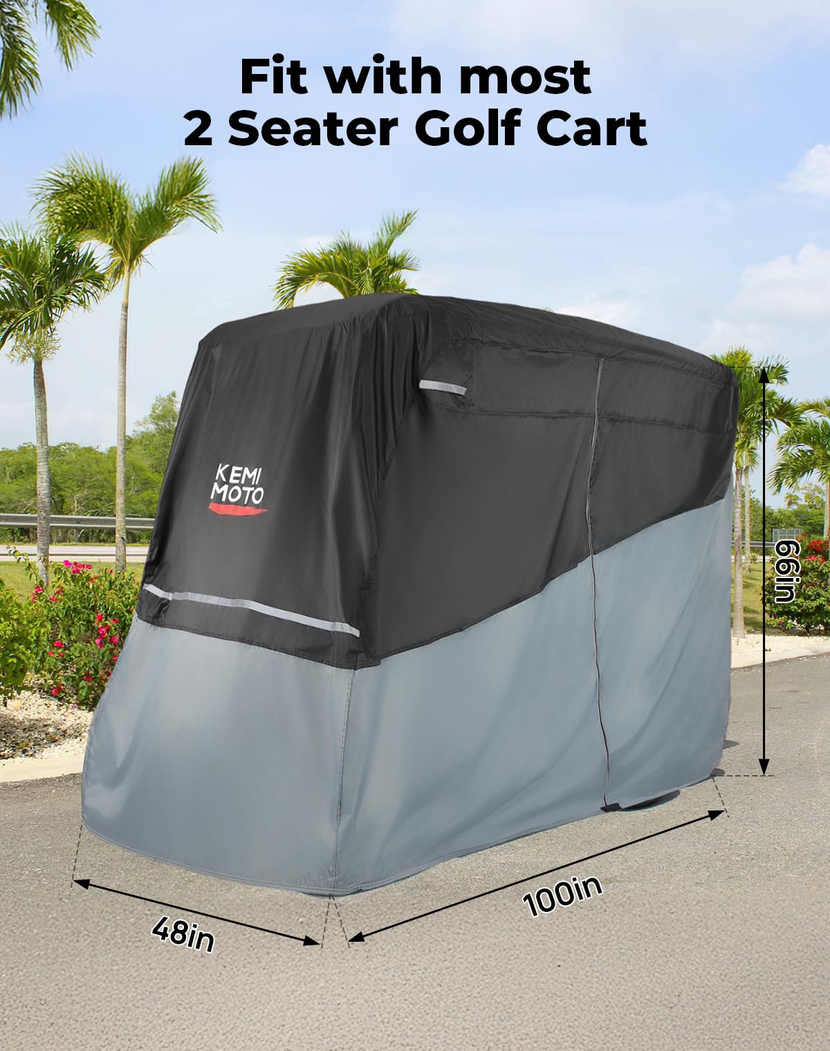 KEMIMOTO Golf Cart Cover 2 Seater, Universal 600D Waterproof Golf Cart Rain Cover with Storage Bag Compatible with EZGO Club Car 2 Passenger, Gray