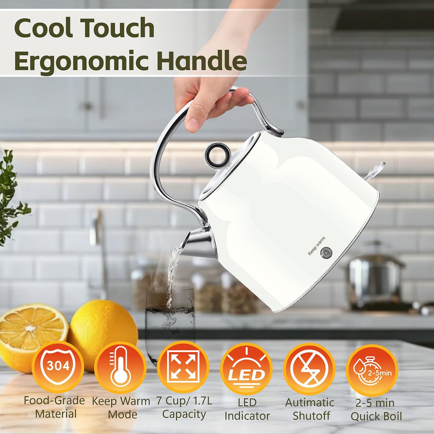 Seydere Electric Kettle – 1.7L Stainless Steel Kettle with Keep Warm Function, 1500W Fast Boil Kettle with LED Indicator, Auto Shut-off & Boil-Dry Protection Cordless Design, Rotational Base (White)