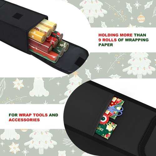 Demao Wrapping Paper Storage Bag - Gift Organizer for 9 Standard Rolls | Black, 31" with Pocket for Crafts
