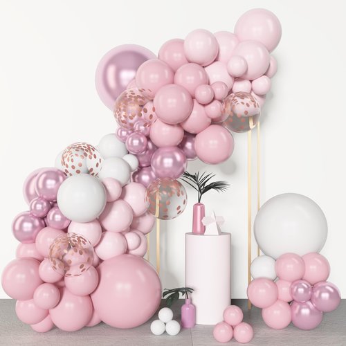 Amandir 153pcs Pink Balloon Garland Arch Kit, Different Sizes 18 12 10 5 inch Hot Pink Latex Metallic Confetti Pink Balloons for Birthday Princess Wedding Baby Shower Party Decorations