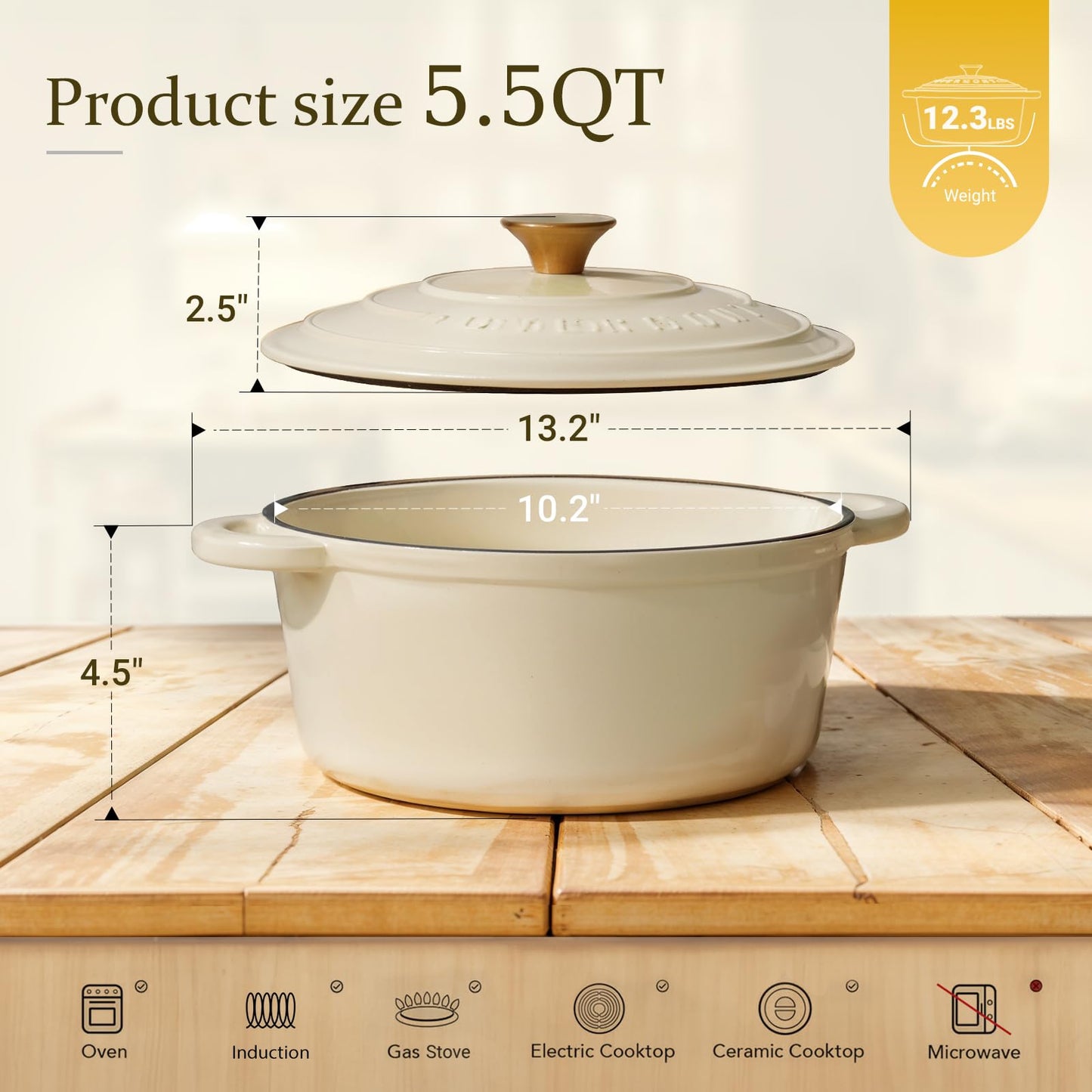 Overmont Enameled Cast Iron Dutch Oven - 5.5QT Pot with Lid Cookbook & Cotton Potholders - Heavy-Duty Cookware for Braising, Stews, Roasting, Sourdough Baking Cream White