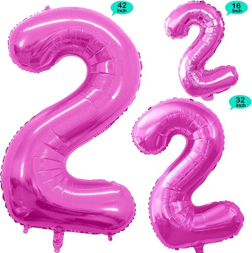 GOER Pink Foil Number 2 Balloons - Huge 42" & 32" Birthday Party Decorations (3 Pcs)