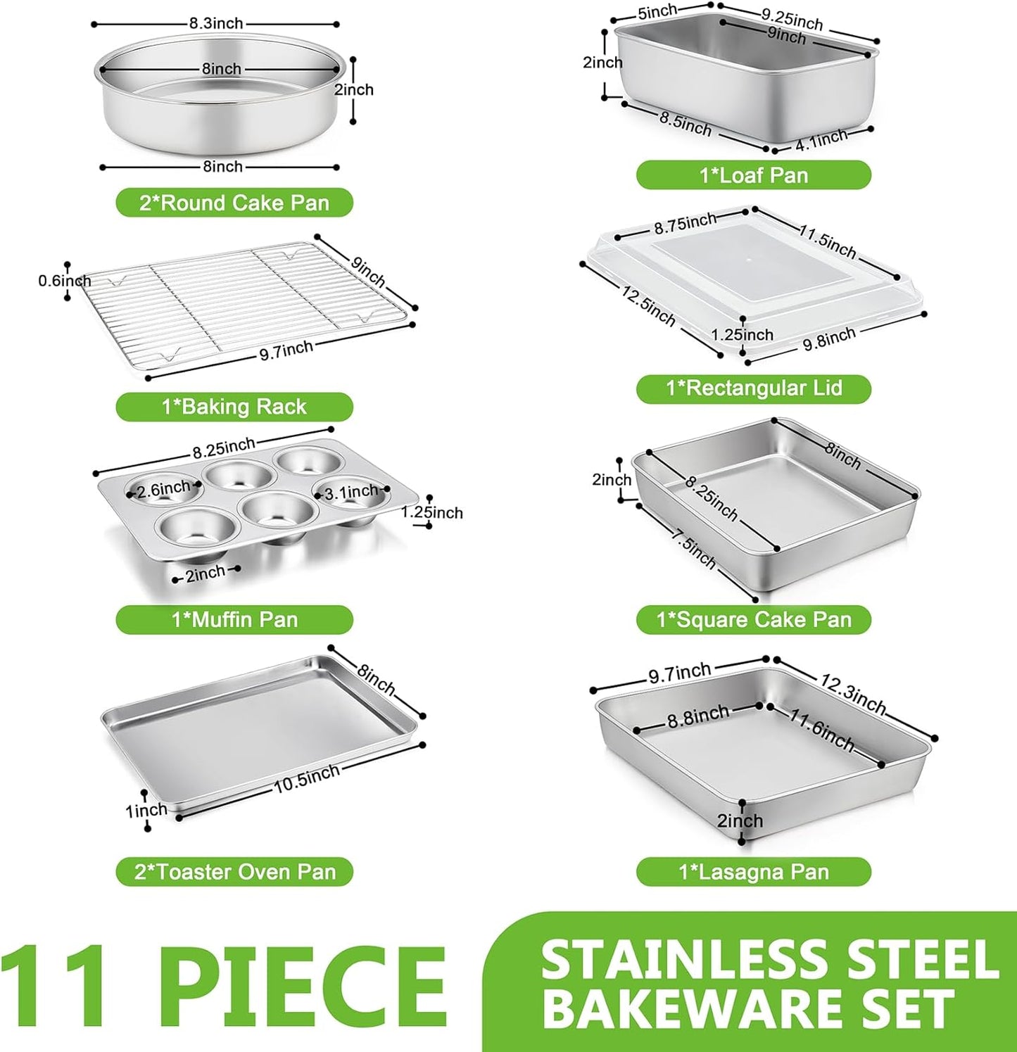 P&P CHEF Stainless Steel Bakeware Set - 11-Piece Baking Pans with Rack, Lasagna Pan, Cake Pans & More