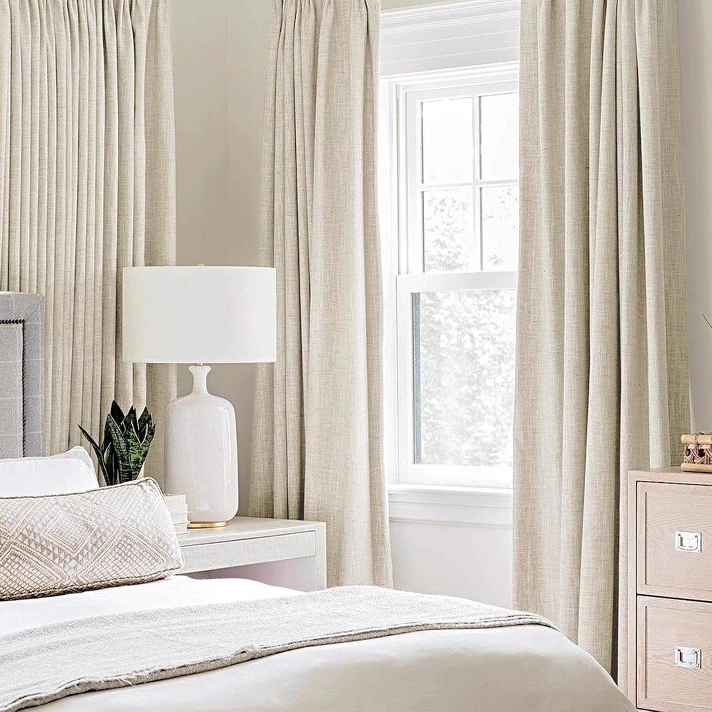 MIULEE 100% Blackout Linen Textured Curtains - Thermal Insulated Cream Drapes | Room Darkening 52 x 63 Inch (2 Panels)