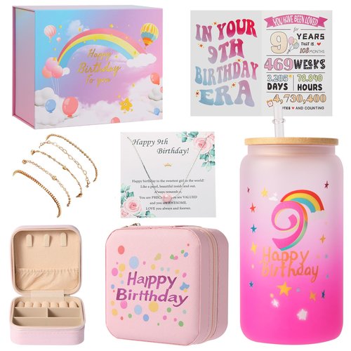 9 Year Old Girl Birthday Gifts, Unique 9th Birthday Gift for Girls, Gift Ideas for Daughter, Sister, Niece, Granddaughter, Popular Decorations Basket Birthday Gift for Girls