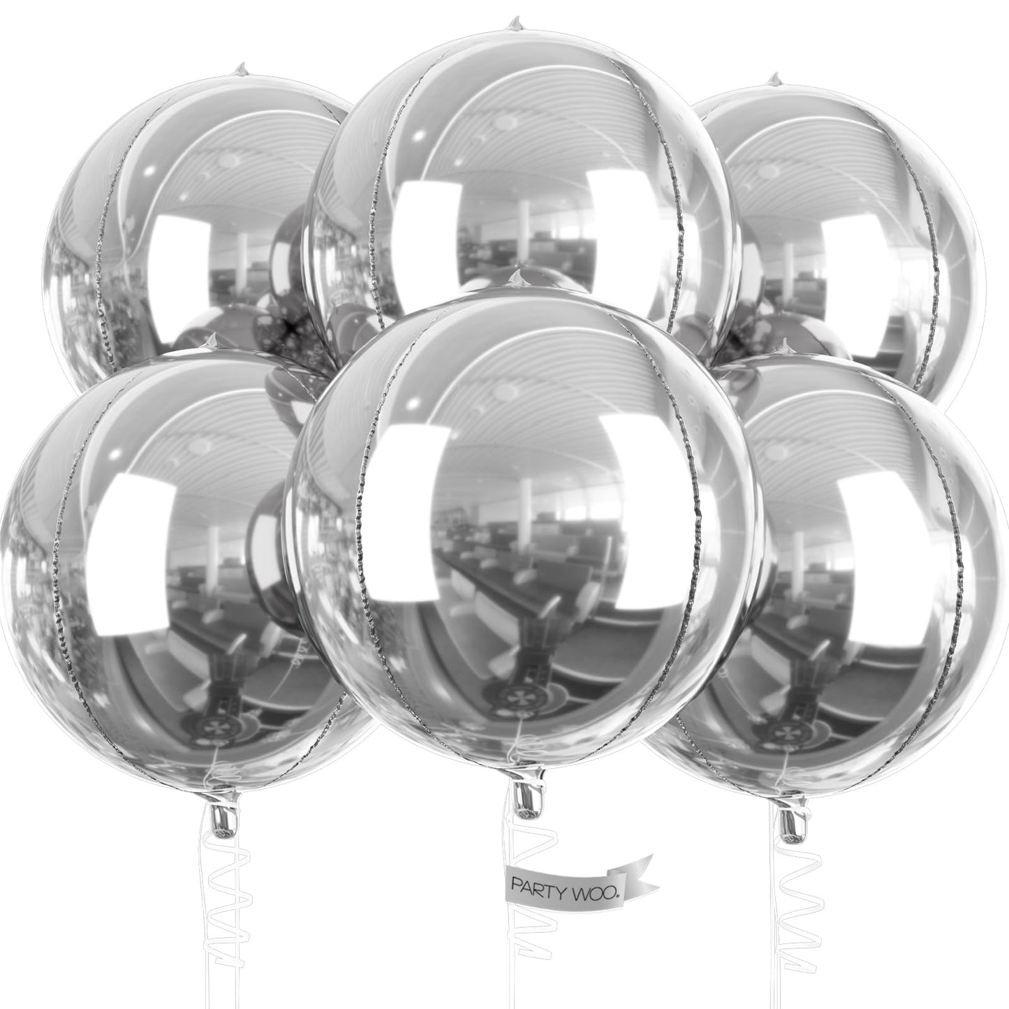 PartyWoo Metallic Silver Foil Balloons 6pcs 22 Inch Large Round Foil Big Giant 4D Jumbo Inflatable Mirror Ball Mylar Balloons for Graduation Birthday Engagement Space Themed Party Decorations