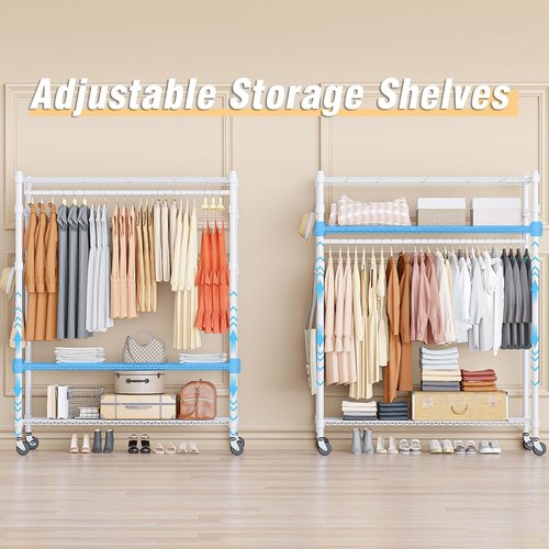 Homdox 3-Tier Garment Rack - Heavy-Duty Portable Closet with Wheels & Double Hanger Rods | White