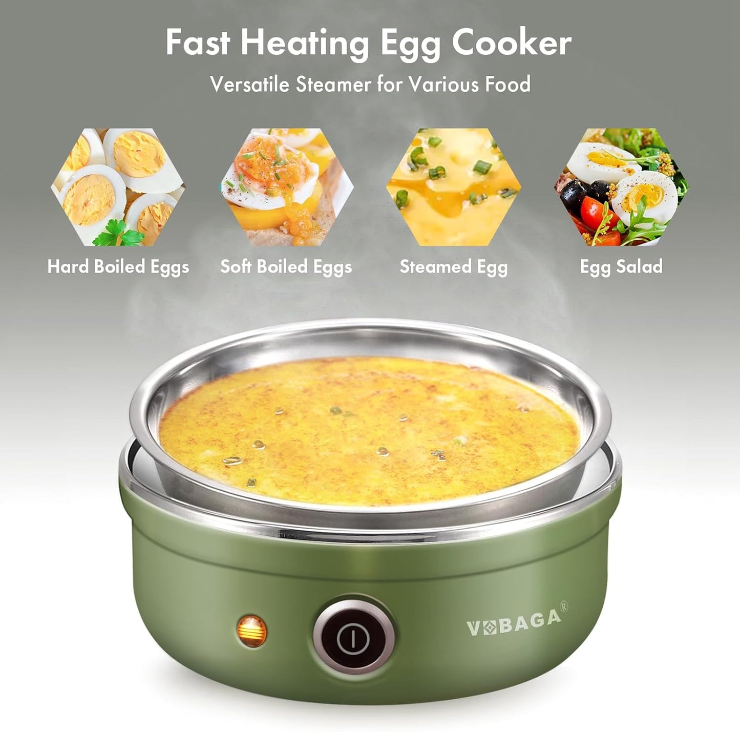 VOBAGA Electric Egg Cooker - Rapid Egg Boiler with Auto Shut Off | 7-Egg Capacity, Stainless Steel Tray, Green
