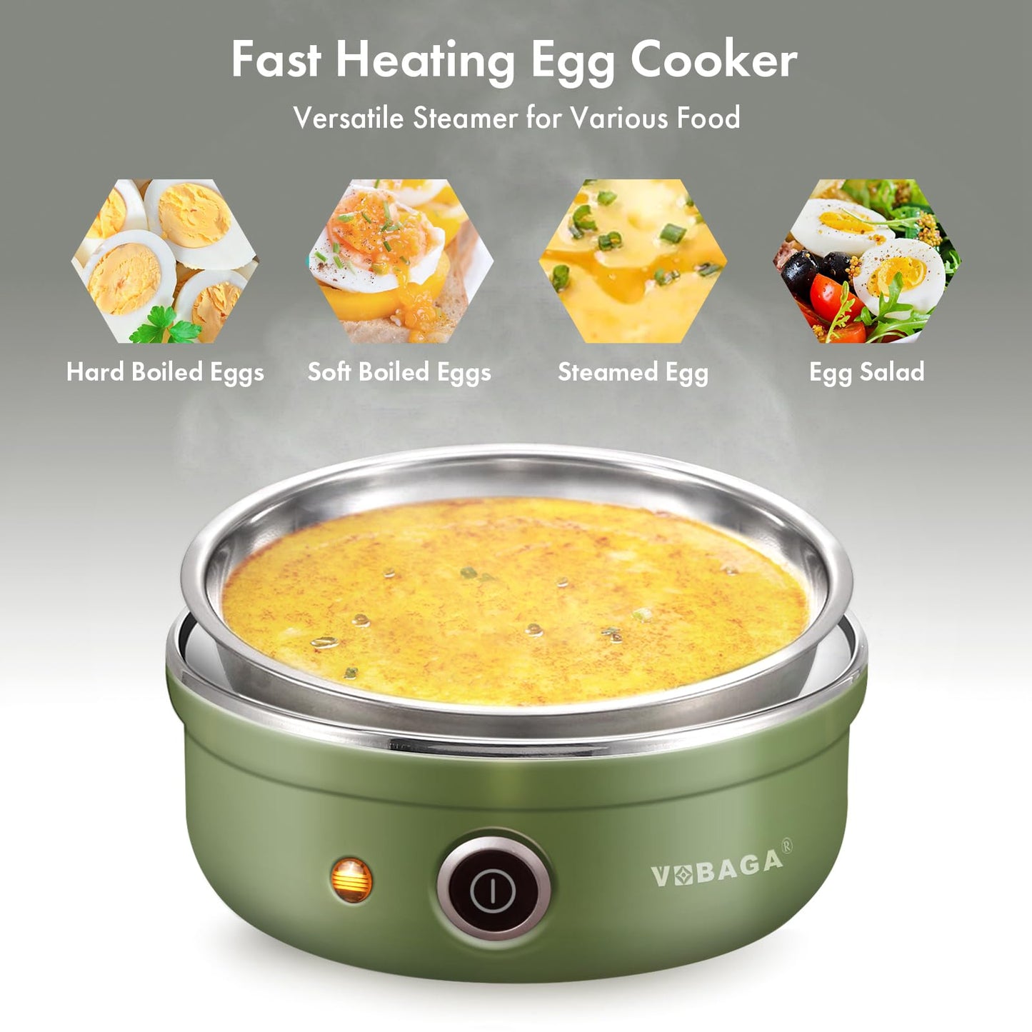 VOBAGA Electric Egg Cooker, Rapid Egg Boiler with Auto Shut Off for Soft, Medium, Hard Boiled, Poached, Steamed Eggs, Vegetables and Dumplings, Stainless Steel Tray with 7-Egg Capacity (Green)