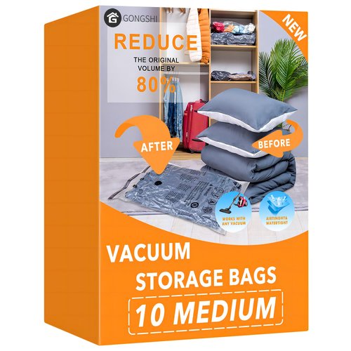 GONGSHI Vacuum Storage Bags, Space Saver Seal Bags For Clothing, Travel Luggage,Blankets, Comforters, Pillows, Clothes Storage.10 Medium