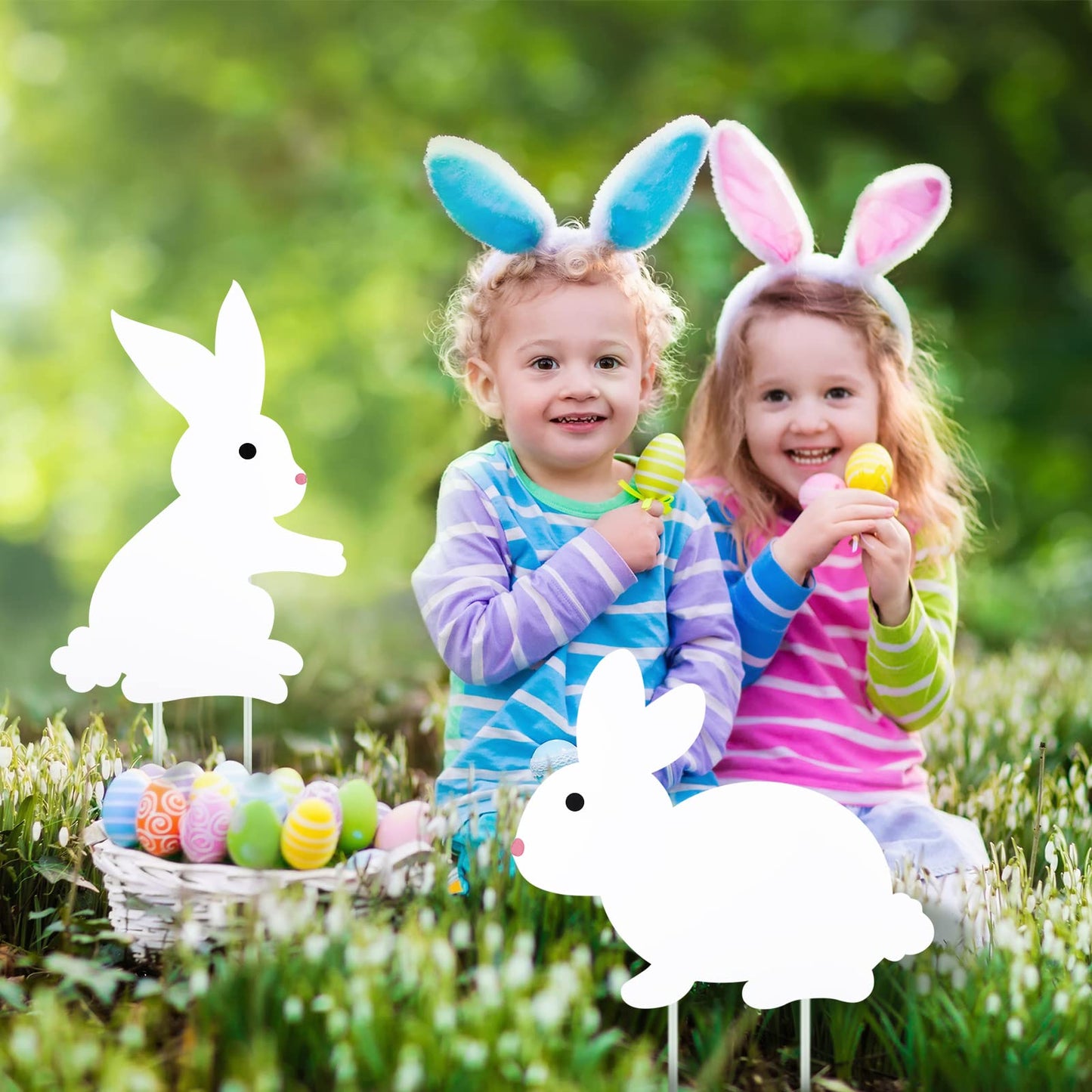 Yookeer 4 Pcs Easter Bunny Yard Signs Decorations Double Sided Bunny Carrot Lawn Sign Outdoor Rabbit Yard Signs with Stakes for Easter Hunt Game Party Supplies Pathway Walkway Decor