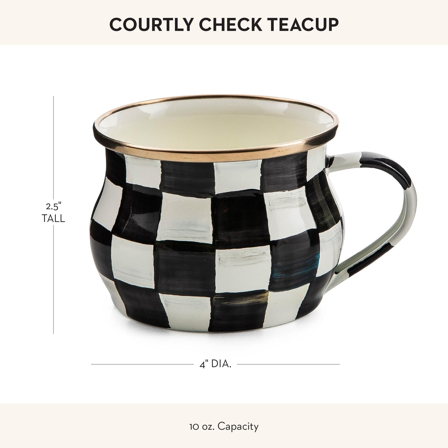 MACKENZIE-CHILDS Enamel Teacup, Unique Coffee and Tea Mug, Enamel Cup for Hot Tea, 10 Ounces, Brown-and-White Mocha Check
