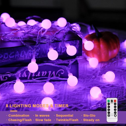 JMEXSUSS 100 LED Purple Globe String Lights Battery Operated, 33ft 8 Modes Indoor Christmas Lights with Remote, Battery Powered Fairy Lights Outdoor for Room Bedroom Party Patio Yard Decor