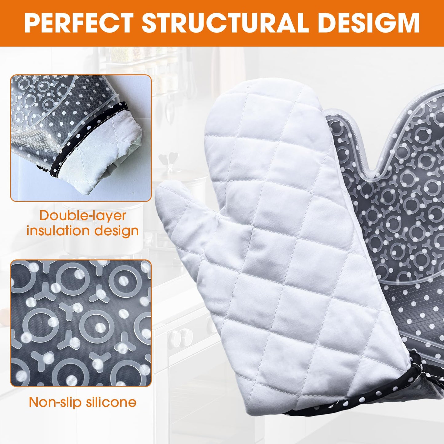 YOMOE Silicone Oven Mitts Set Heat Resistant 2PCS Kitchen Mittens with Soft Cotton Lining Long Waterproof Non-Slip Oven Gloves for Cooking, BBQ, Baking