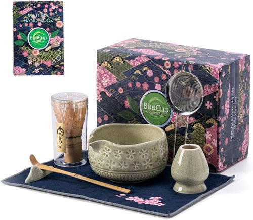 Buucup Matcha Whisk Set - Complete 7-Piece Ceramic Kit with Bowl, Whisk, Scoop & More | Mottled Green