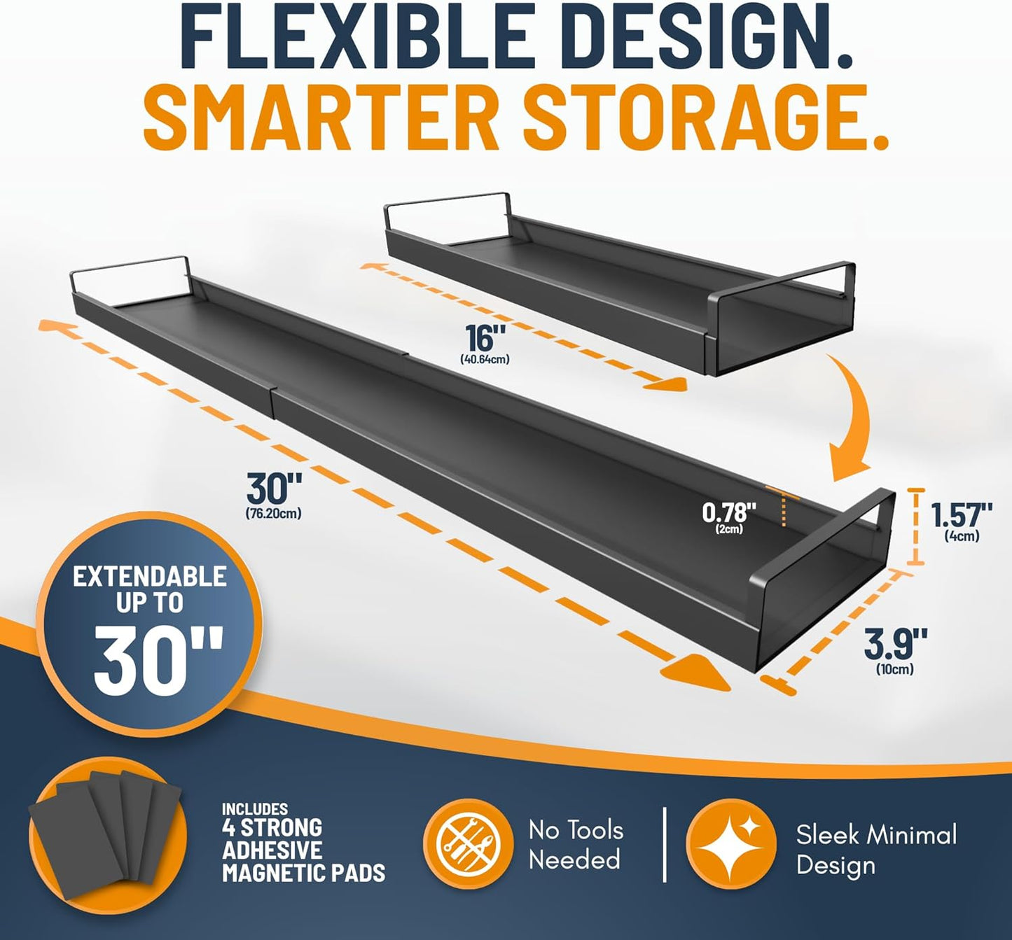 Skiennix Extendable Steel Over The Stove Shelf - Magnetic Spice Rack For Kitchen (16 to 30 Inches)