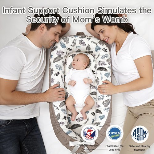 Infant Support Cushion - Reversible & Adjustable Baby Tummy Time Mat | Portable, Soft, Washable Cover | Grey Leaves
