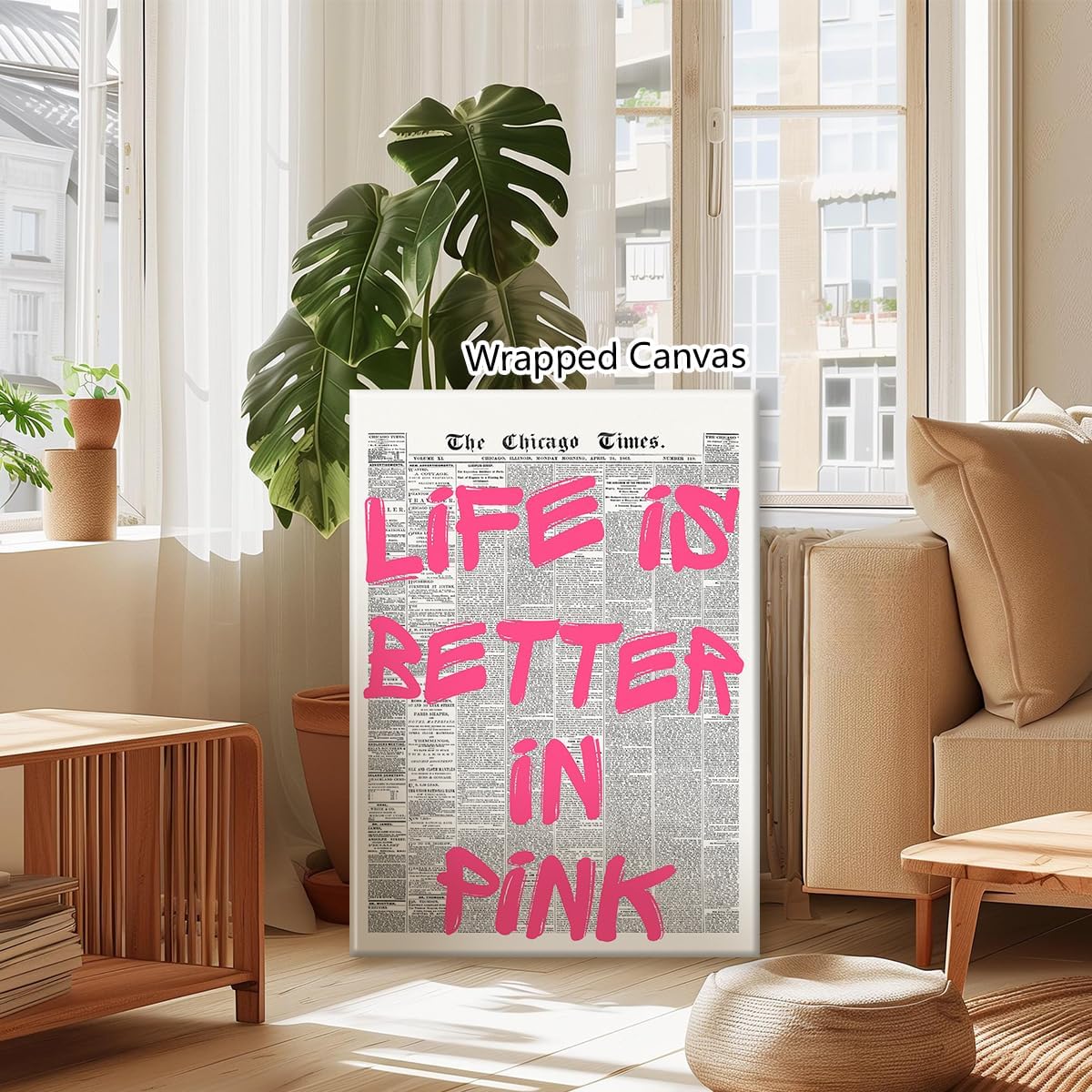 OAOPIC Life Is Better In Pink Quote Poster - Vintage Black & White Canvas Wall Art | Motivational 8x12in Unframed Print