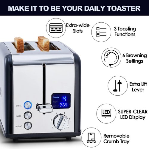 CUSIMAX Stainless Steel 2-Slice Toaster - LED Display, Extra-Wide Slots, 6 Browning Settings, Black