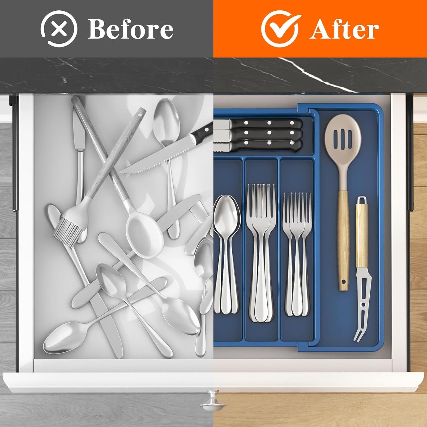 Lifewit Expandable Silverware Drawer Organizer - BPA-Free Utensil Tray for Kitchen | Adjustable 10.9"-17.5" x 13.7" - Dark Blue
