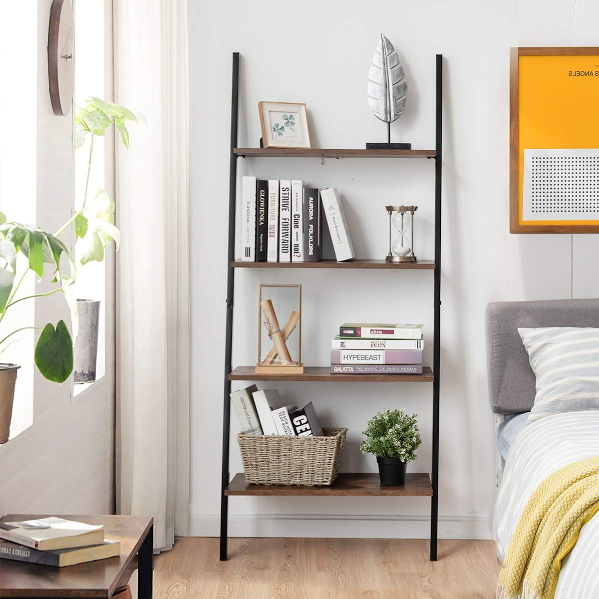Tangkula Industrial 4-Tier Ladder Shelf, Leaning Against The Wall Bookshelf for Living Room Office, Multipurpose Storage Rack Shelves with Metal Frame, Plant Flower Stand (Rustic Brown)