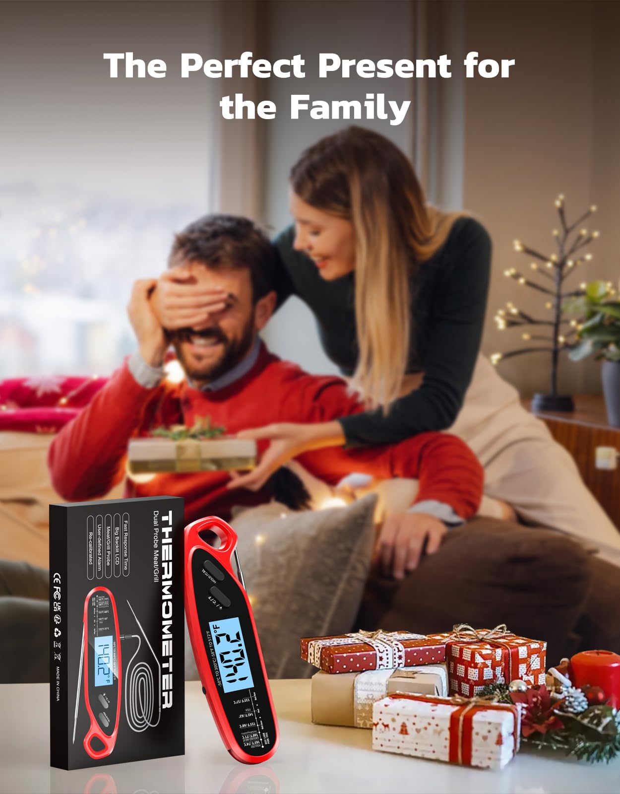 Vuwwey Instant Read Meat Thermometer Digital with Dual Probe, Food Thermometer for Cooking & Grilling, Large Backlit & Calibration, for Kitchen/Oven/Grill/Smoker/BBQ/Candy/Oil/Fry, Gifts for Men & Dad