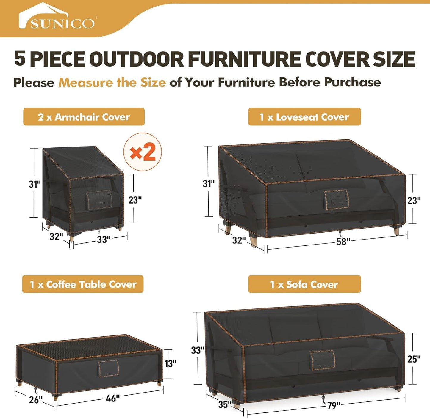 SUNICO 5-Piece Outdoor Patio Furniture Covers Set - Waterproof, UV Fade Protection, Tear-Resistant, Black