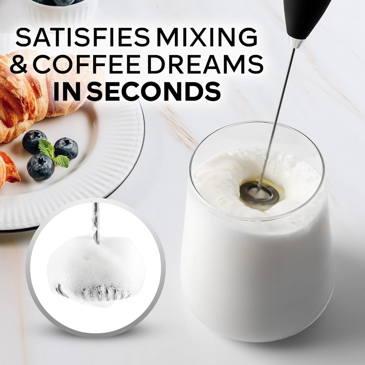 Zulay Kitchen Milk Frother Wand - Ultra-Fast Handheld Electric Whisk for Coffee & Lattes - Black