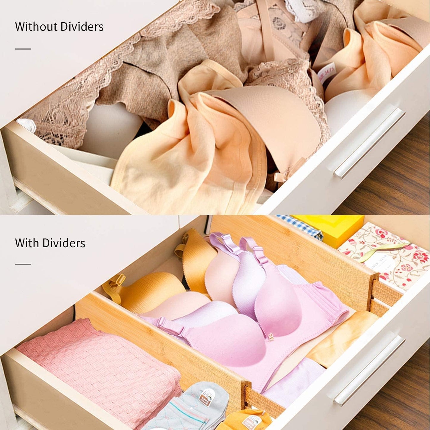 Utoplike Bamboo Drawer Dividers - Adjustable & Expandable Organizers for Kitchen, Dresser, Bathroom | 4 Pcs Set