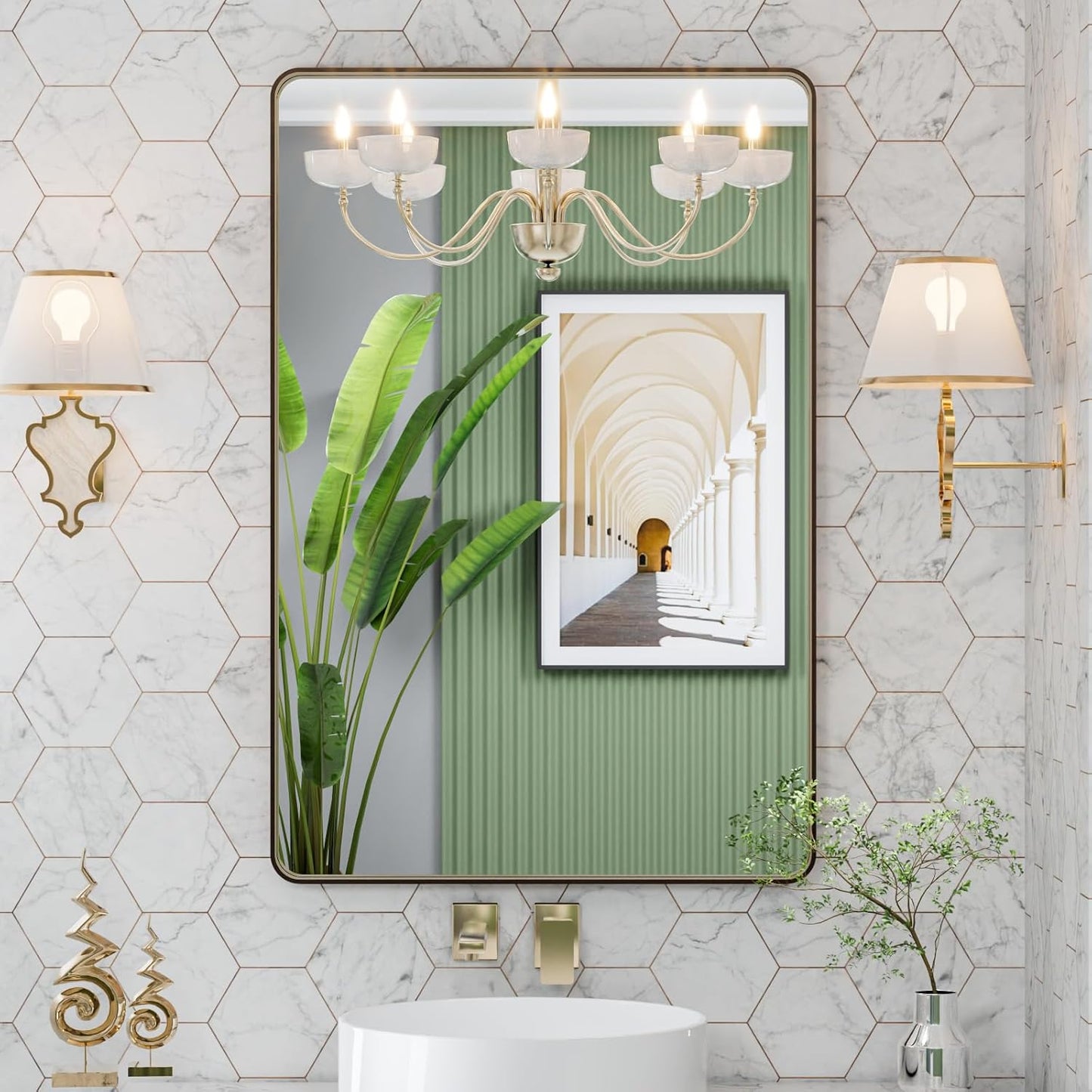LOAAO Bronze Bathroom Mirror - 24”X32” Rounded Rectangle Design with Anti-Rust Brushed Metal Frame | Versatile Hanging Options