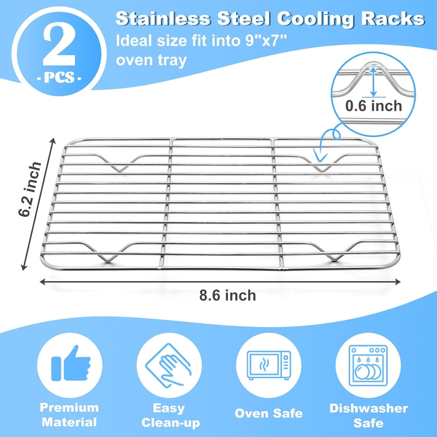 P&P CHEF Stainless Steel Cooling Baking Rack - Pack of 2, Easy to Clean, 8.6" x 6.2", Silver