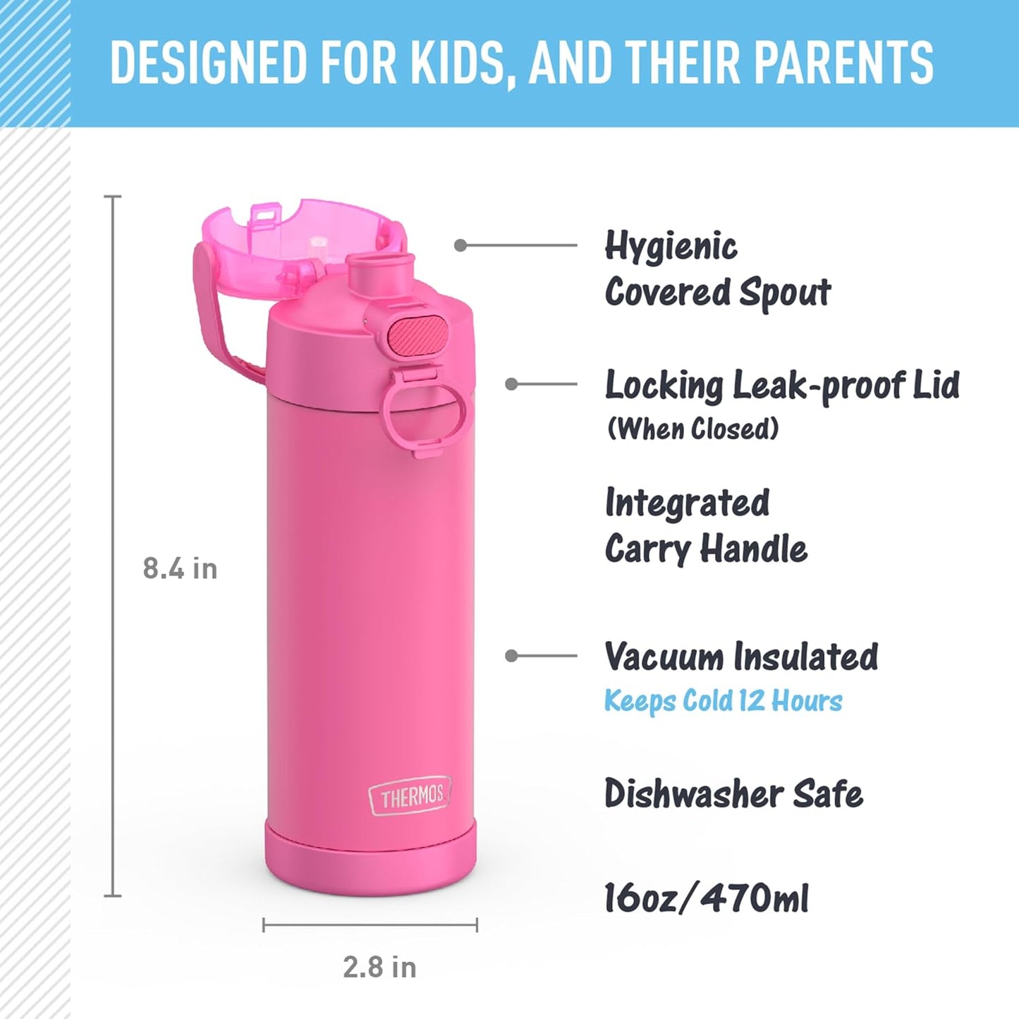 THERMOS FUNTAINER 16 Ounce Vacuum Insulated Stainless Steel Bottle - Wide Spout Lid, Neon Pink